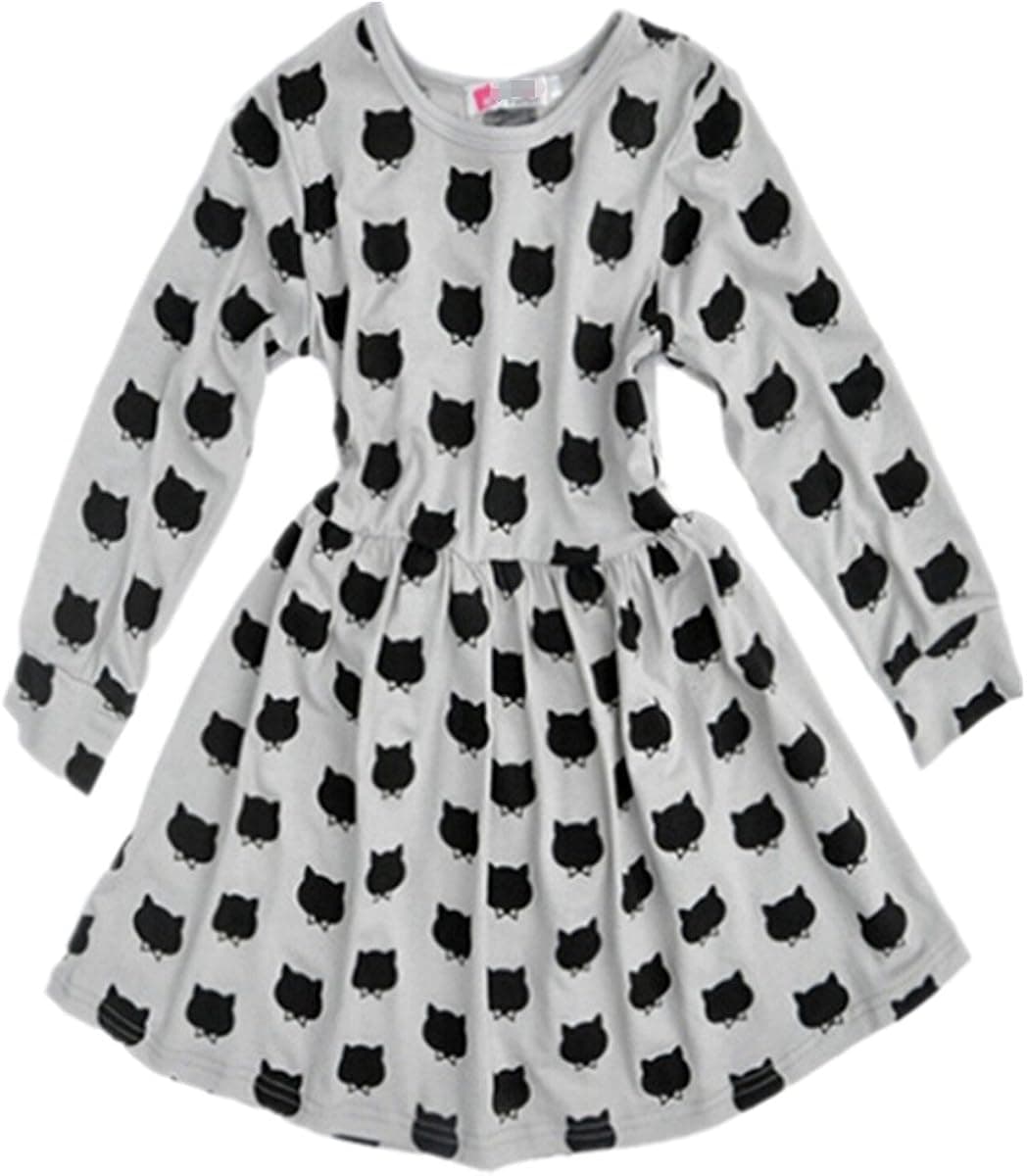 puseky Baby Kids Girls Long Sleeve Cat Print Pleated Skirt Princess Tutu Dresses (6T-7T) Grey