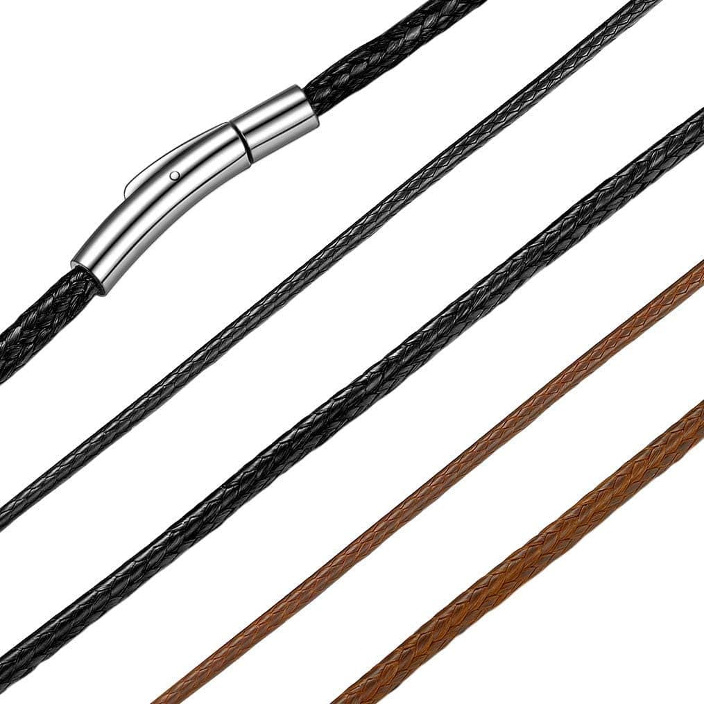 Bandmax Braided Leather Cord Necklace Bracelet Black Brown 2mm/3mm Width Men Women Waterproof Wax Rope Chain Necklace Jewelry for Pendant Stainless Steel Durable Snap Clasp 16-30in(Brand Box)