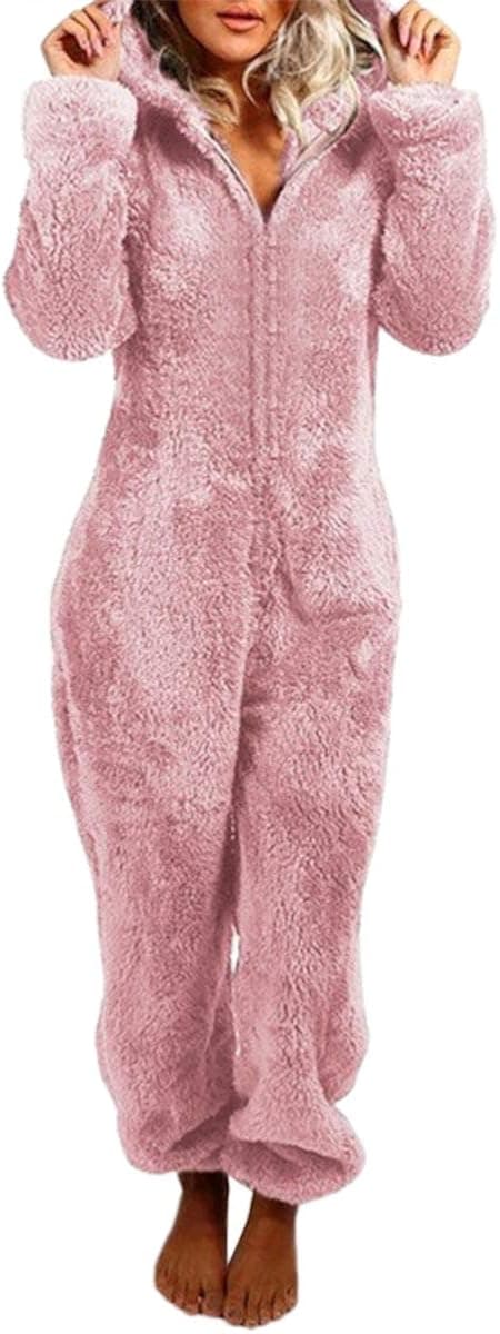 Seyurigaoka Women Sherpa Zipper Hooded Jumpsuit Onesie Fleece Pajama Long Pants Sleepwear Plush Hoodies Sleepwear