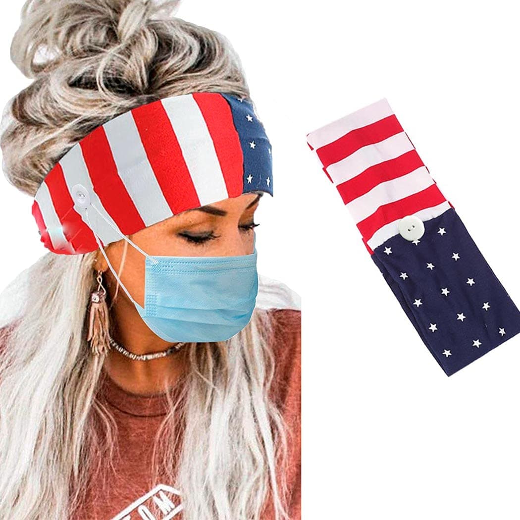 Catery Button Headbands Wide Red White and Blue Patriotic American Flag Headband USA Hair Band Turban Head Wrap Elastic Healthcare Ear Protection Sweatband Fashion Hair Accessories for Women and Girls