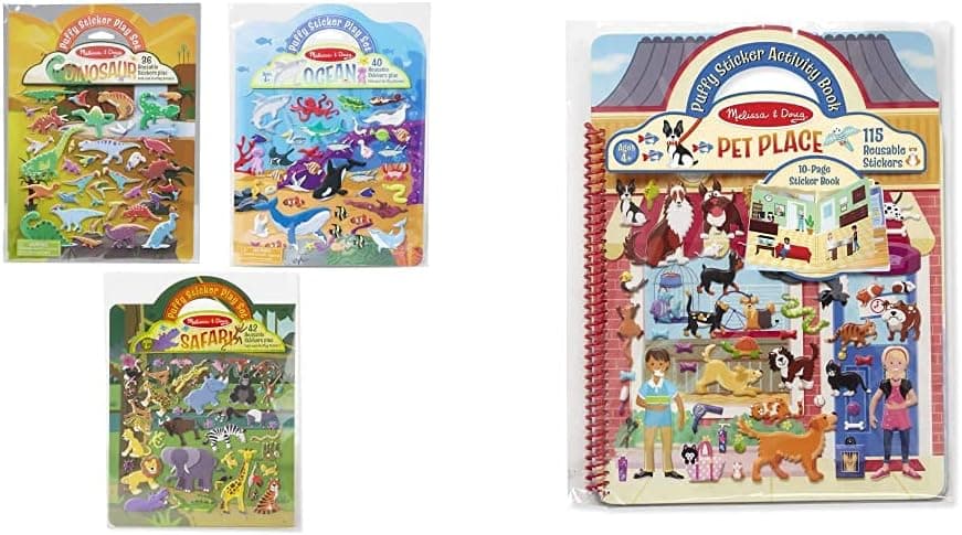 Melissa & Doug Reusable Puffy Sticker Wild Adventures Bundle: Safari, Dinosaur and Ocean & Puffy Sticker Activity Book - Pet Place