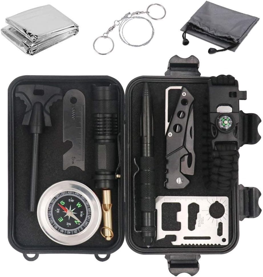 Alritz Emergency Survival Kit 12 in 1, Outdoor Tactical Survival Gear Tools with Paracord Bracelet, Fire Starter, Compass, Flashlight for Camping Hiking Wilderness Adventure and Disaster Preparedness