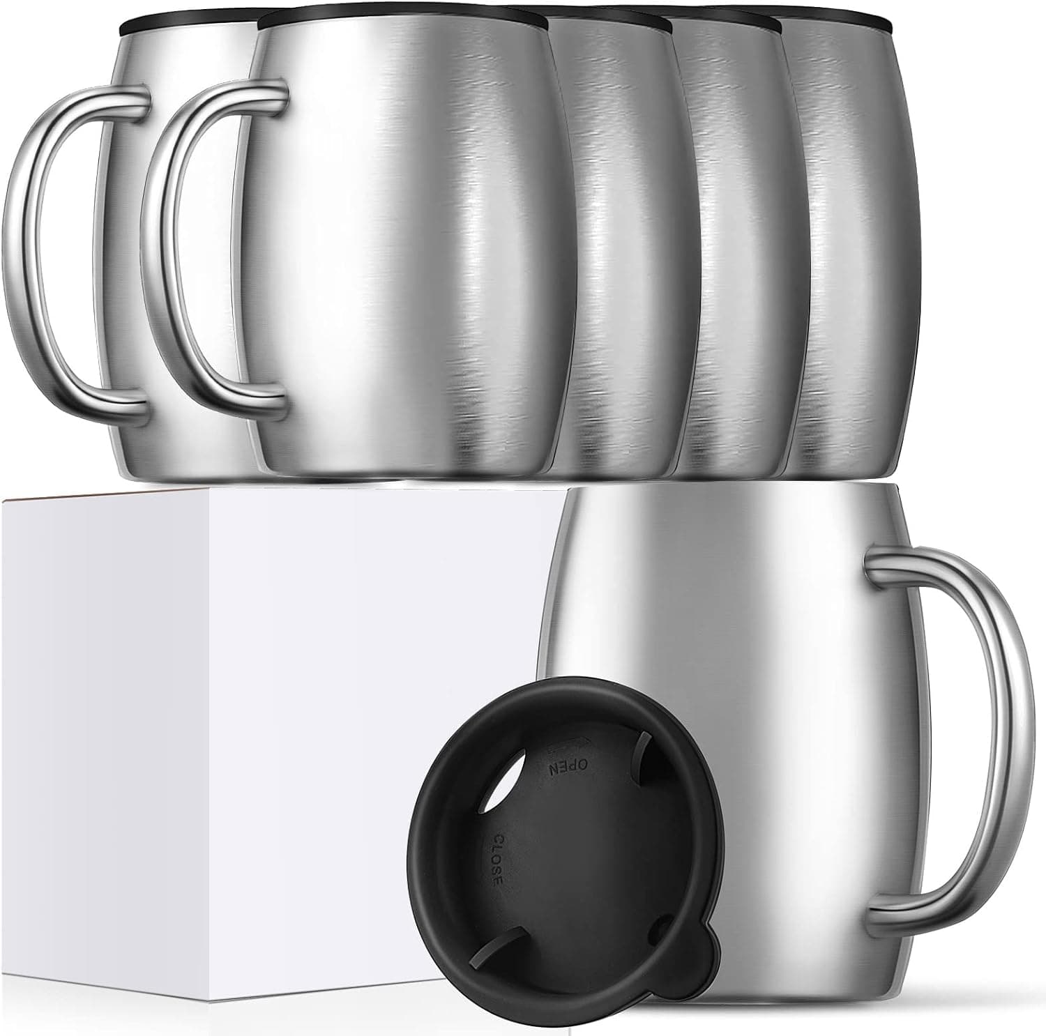 Xinnun 14 oz Insulated Stainless Steel Coffee Mug Spillproof with Lid Double Wall Travel Coffee Mug with Handle Shatterproof Metal Coffee Cups for Camping Outdoor Hot Tea Beer Cold Drink (Silver, 6)