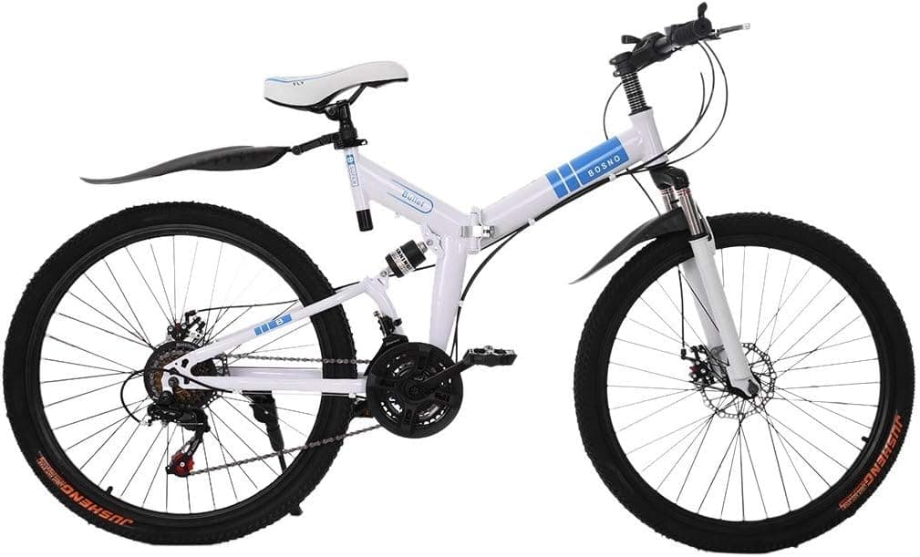 26in Folding Mountain Bike for Teens, Mountain Bike 6-Spoke 21-Speed 26-inch Wheels Double Disc Brake Full Suspension Shimanos Anti-Slip Carbon Steel Frame MTB Bikes
