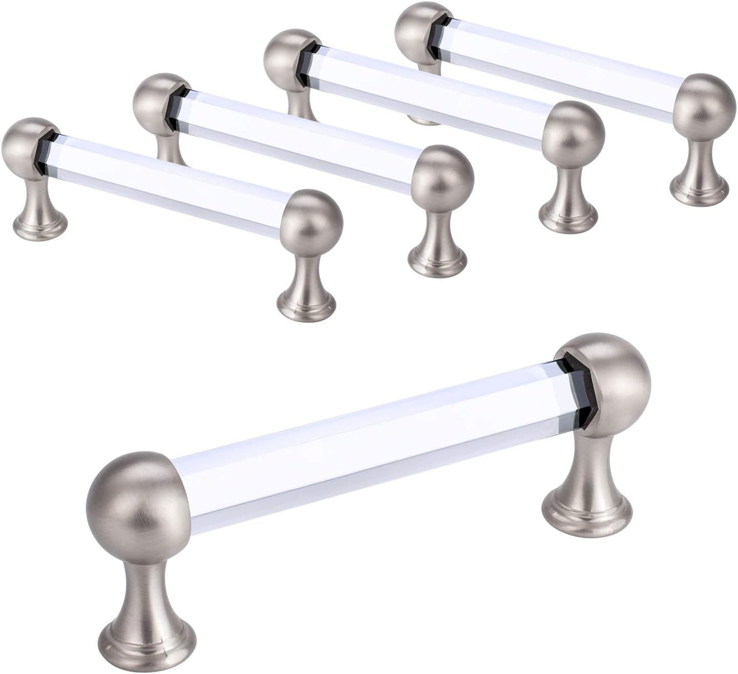 HIEMEY Glass Cabinet Pulls, Clear Crystal Drawer Pulls with 3 Size Screws, Pull Handles for Dresser Drawers(3-3/4 Inch Hole Center), Brushed Nickel, 5 Pack, LS-006