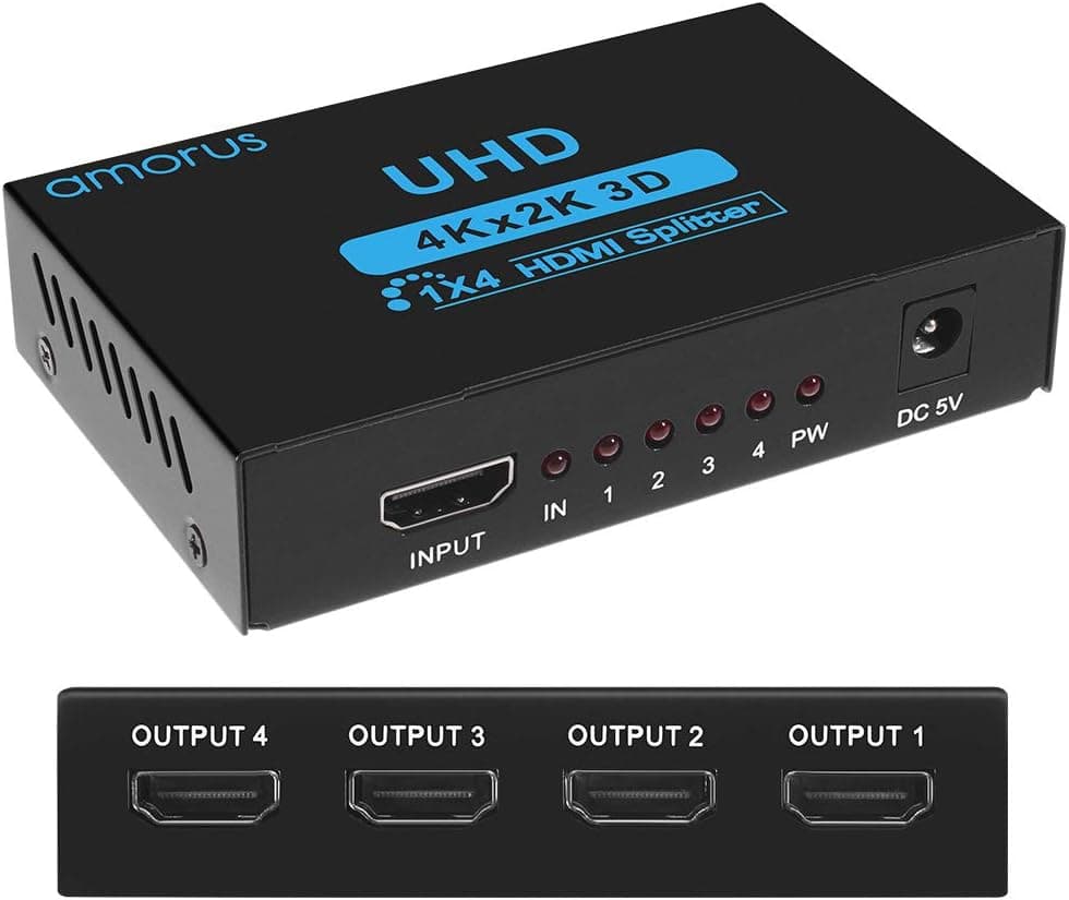 Amorus Ultra 4k 3D Full HD 1080p HDMI 4 Port Switch Splitter Switcher 1 in 4 Out V1.4b Hub Signal Distributor for Camera PS3 PS4 Xbox HDMI Devices, Black