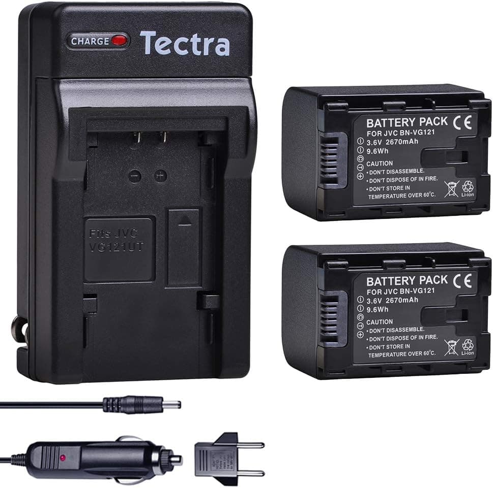 Tectra 2-Pack BN-VG121 Batteries and Charger for JVC BN-VG121U, BN-VG121US, BN-VG138, BN-VG138U, BN-VG138US, BN-VG107, BN-VG107U, BN-VG107US, BN-VG114, BN-VG114U and JVC Everio GZ-E Series
