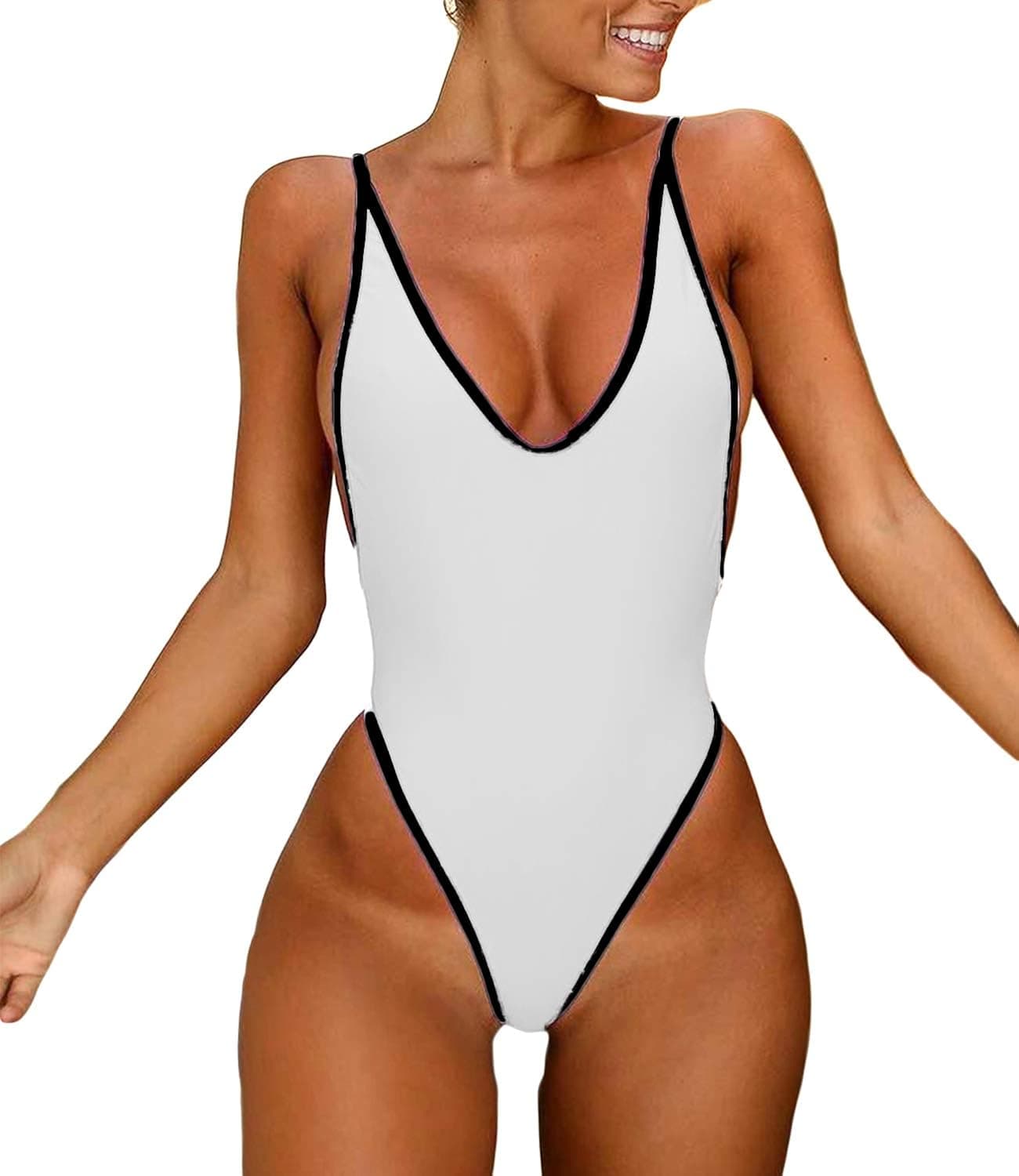 KIWI RATA Sexy Womens Monokini Deep V One Piece Backless Cheeky Swimwear Semi Thong Bikini