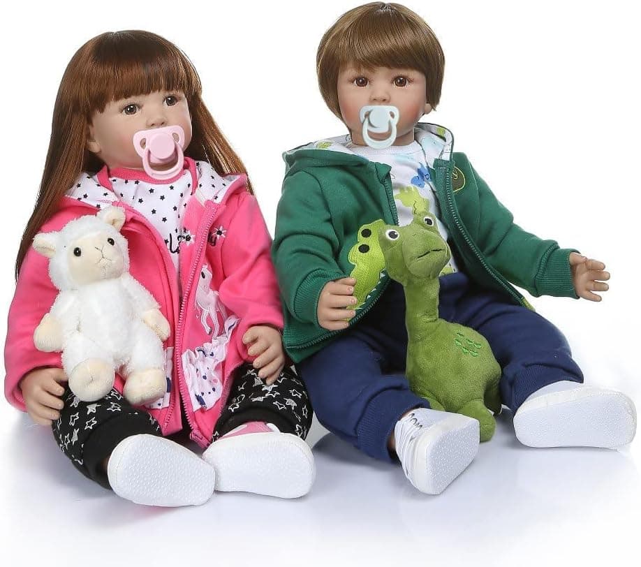 Angelbaby Reborn Baby Dolls Toddlers Twins Boy and Girl Realistic Soft Silicone 24 inch Brown Hair Newborn Child Dolls Toys Toddler Size Gifts Set 2 pcs