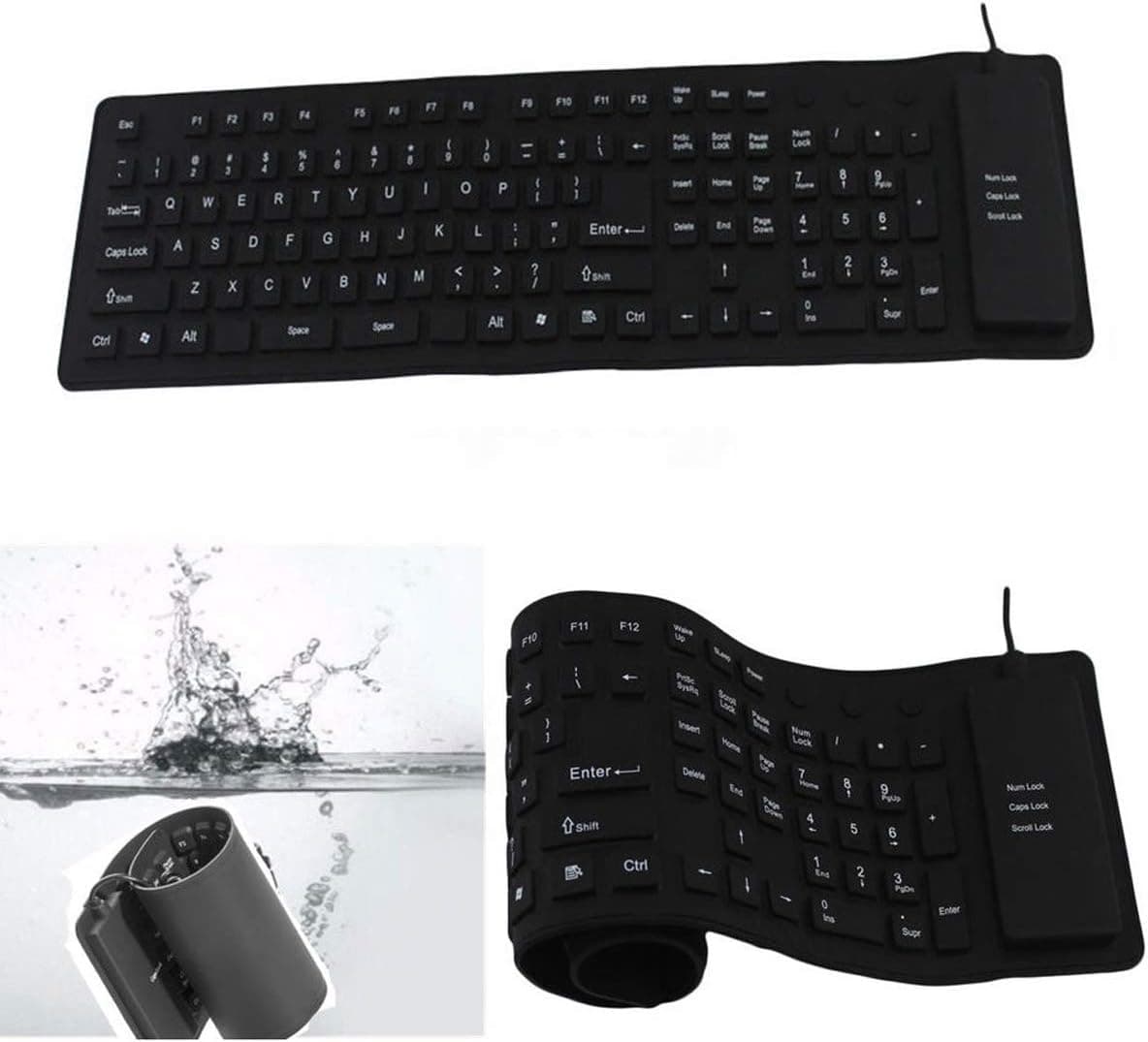 Techson Foldable Silicone Keyboard, 109 Keys Waterproof Portable Flexible Keyboard, Roll-up Silent Keyboard with USB 2.0 for PC Notebook Laptop(Black)