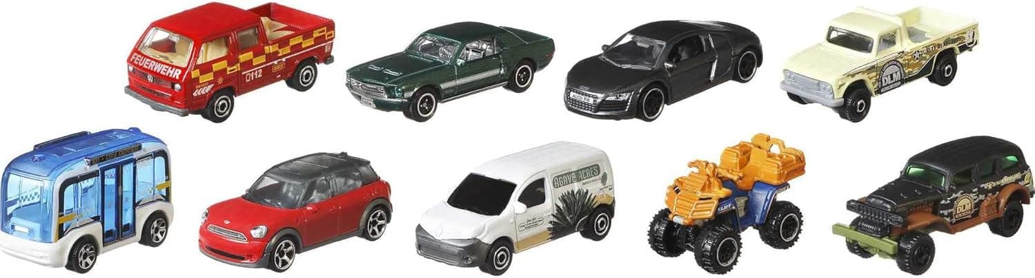 Matchbox Cars, 9-Pack Die-Cast 1:64 Scale Toy Cars, Construction or Garbage Trucks, Rescue Vehicles or Planes (Styles May Vary)