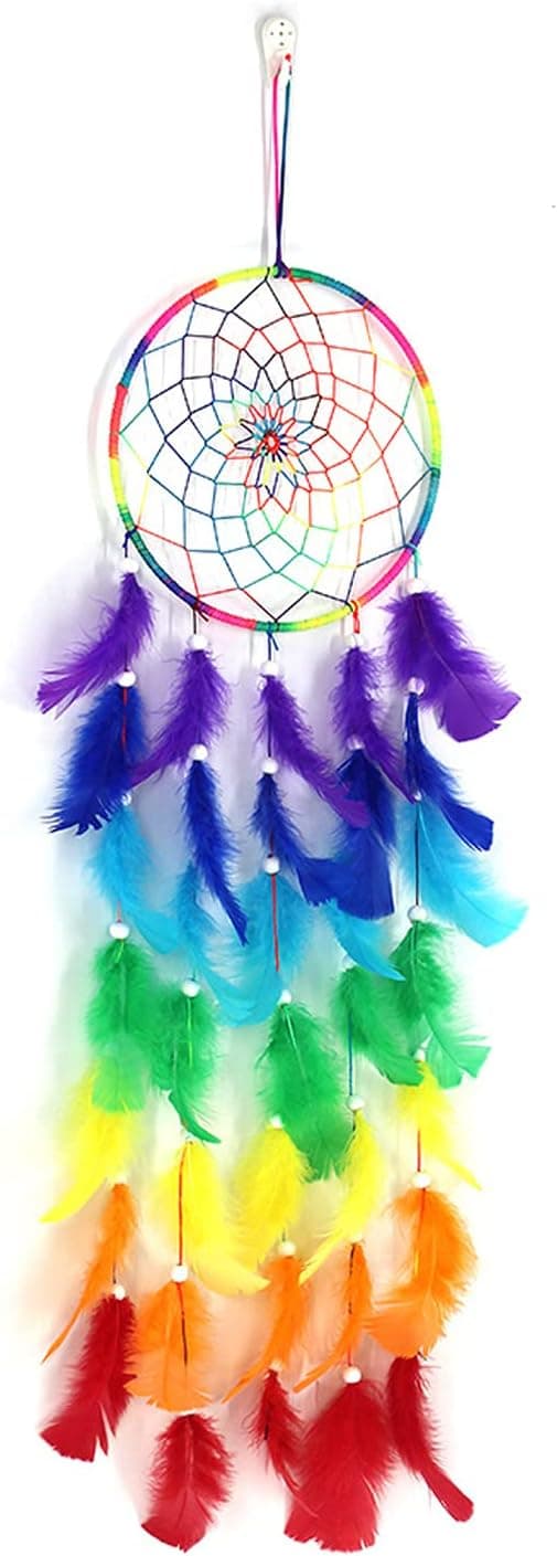 Rainbow Feather Dream Catcher Colorful Handmade Bohemian Dream Catchers Nordic Wedding Dream Decor with String Lights for Bedroom Macrame Wall Decor Hanging Home Decorati