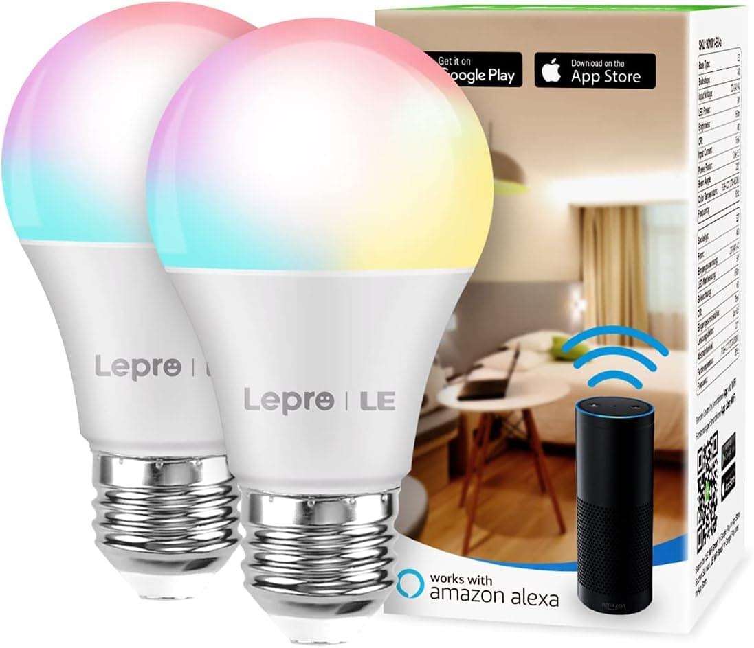 LE Smart Light Bulbs, LED Color Changing Lights, Works with Alexa and Google Assistant, RGB & Soft Warm White, 60 Watt Equivalent, Dimmable with App, A19 E26, No Hub Required, 2.4GHz WiFi Only, 2 Pack