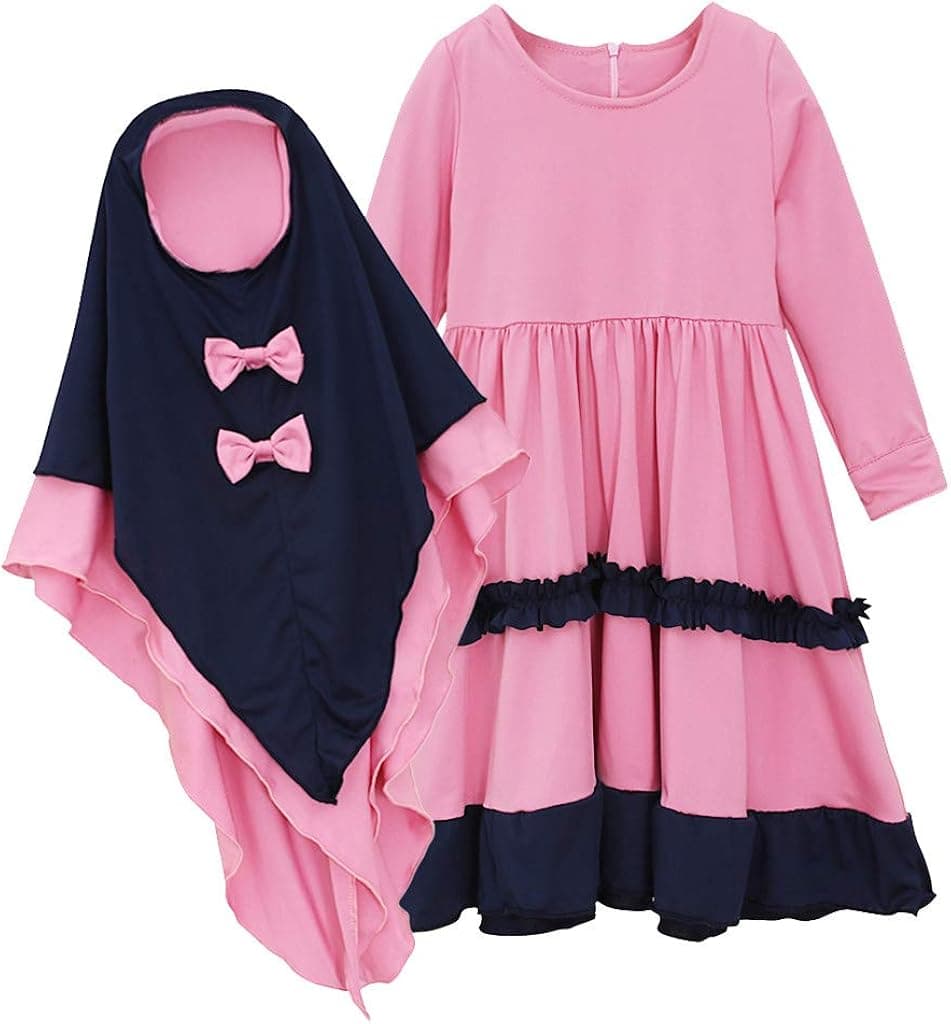 Toddler Baby Girls Hijab Set Muslim Abaya Robe Dress Long Sleeve Ramadan Costume Maxi Dress Scarfs Clothes Outfits