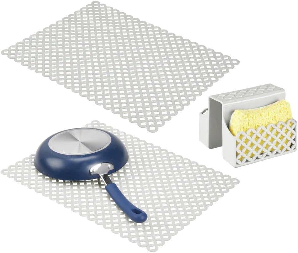 mDesign Adjustable Kitchen Sink Dish Drying Mat/Grid - Soft Plastic Sink Protector, Cushions Sinks, Dishes - Quick Draining Diamond Design - Includes 1 Sink Pouch, 2 Large Mats, Set of 3 - Light Gray