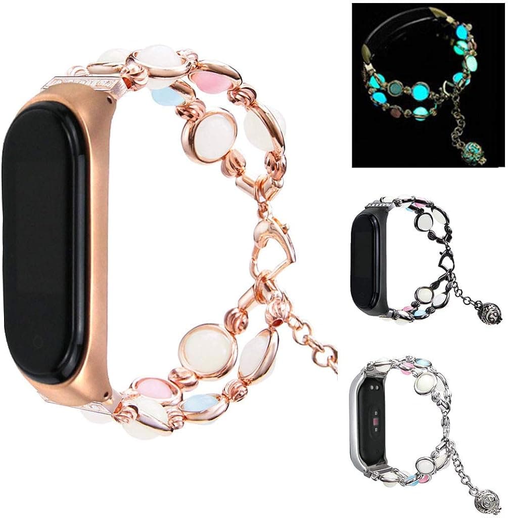 MIMEI for Xiaomi Mi Band 4/3 Bands, Adjustable Wristband Handmade Night Luminous Pearl Bracelet with Essential Oil/Perfume Storage Pendant for Women/Girls (Silver, 140mm)