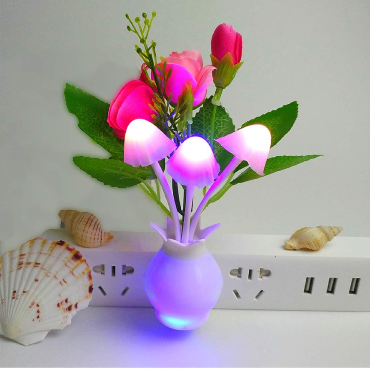 4 Pack Light Control Intelligent Induction Colorful Lights led Night Light, Mushroom Head Artificial Flowers LED Night Light 3 Color Rose, Purple Peony, Plug and Play (Seven Color Gradient Lights)