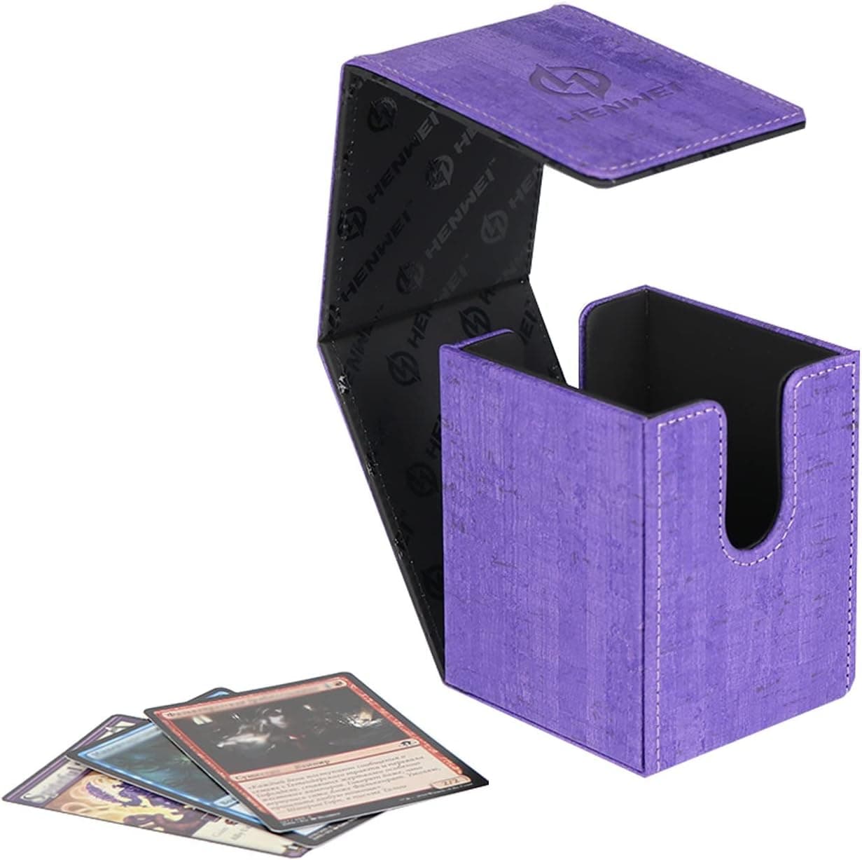 HENWEI MTG Deck Box, Premium PU Leather Card Fit for 100+ Sleeved Cards Holder Twin Flip Deck Case for MTG Commander,PVC Free Strong Magnet Card Case Holder Storage (purple)
