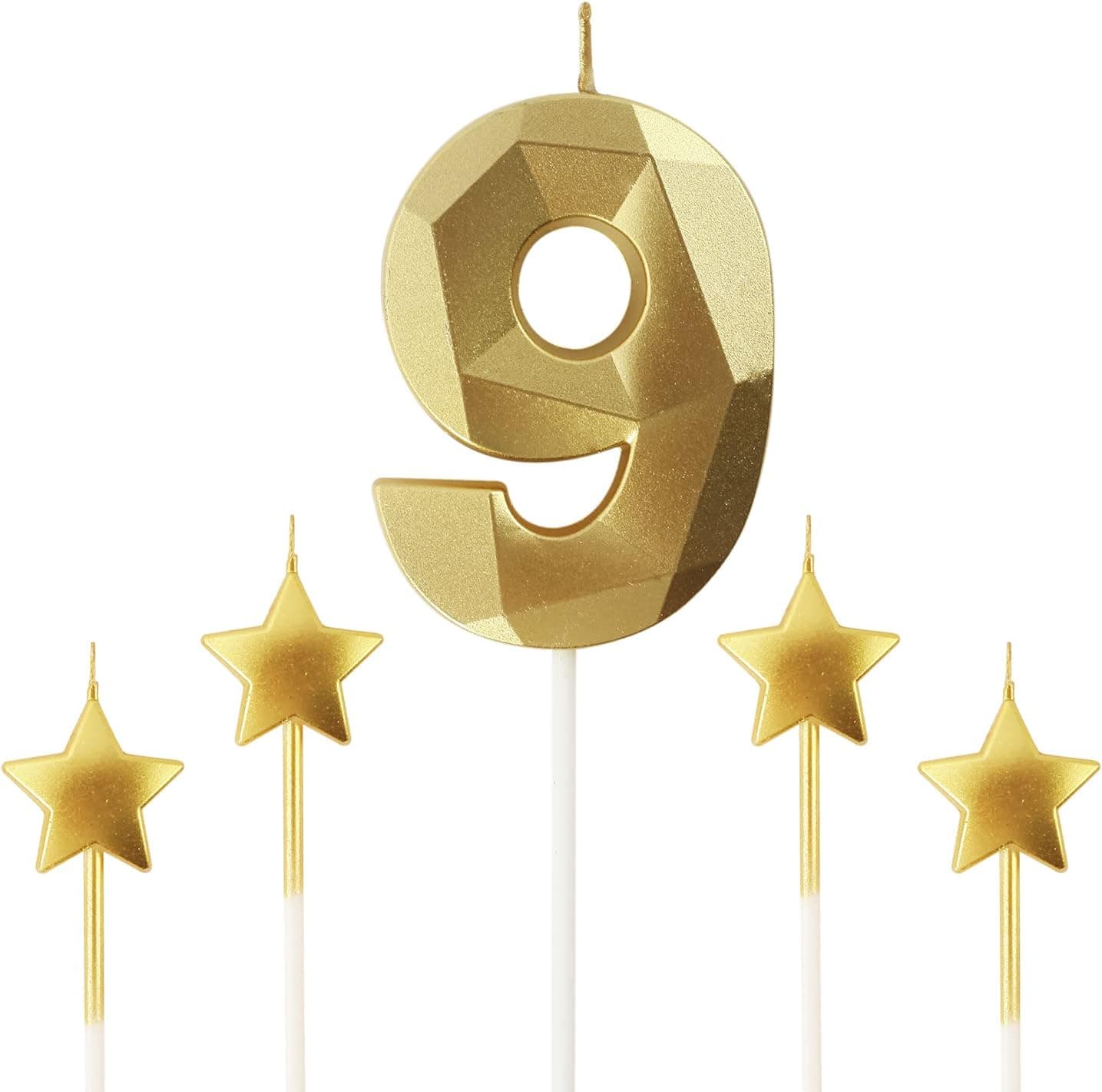 Golden Number 9 Birthday Candles and Star Birthday Candles 2.76 inch Birthday Cake Candles 3D Diamond Shaped Candles are Suitable for Birthday Parties and Anniversary Cake Decorations Candles(Gold 9)