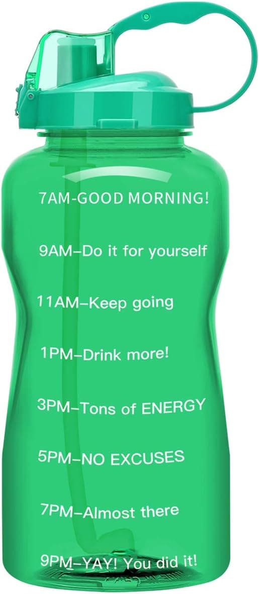 QuiFit Half Gallon Water Bottle - with Straw & Time Marker,BPA Free Reusable Large Leakproof Portable Water Jug,for Fitness Camping Outdoor Sports (Light Green 64oz)