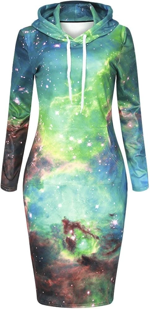 QZUnique Women's Digital Print Pullover Hoodie Long Length Fleece Sweat Dress