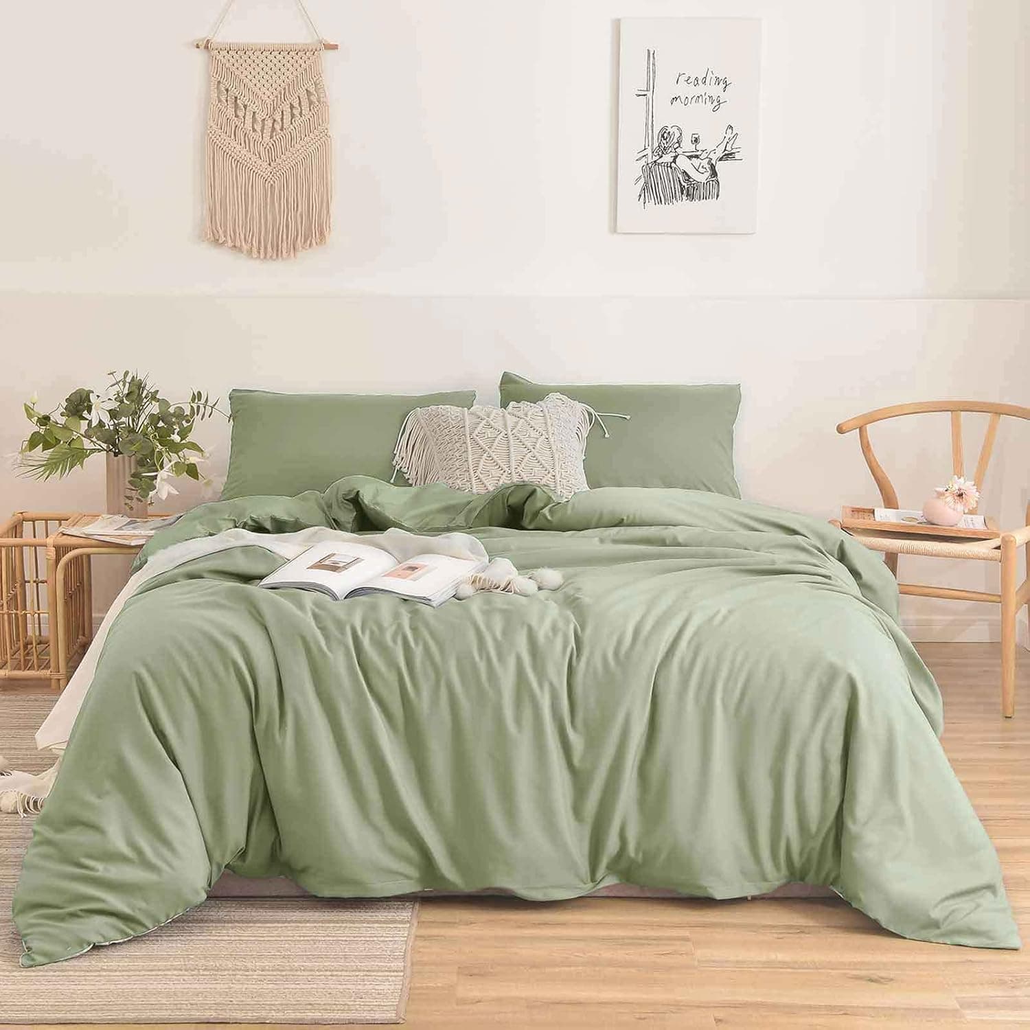 Nanko California King Duvet Cover Set Sage Green 3pc 104x98 Luxury Microfiber Comforter Quilt Bedding Cover with Zip Closure Ties - Modern Elegant Style for Men and Women Chambray Teen Light Green