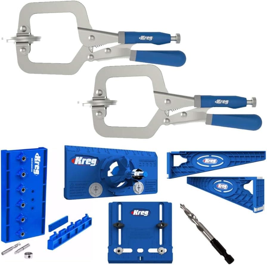 Kreg Drawer Slide Jig with Cabinet Hardware Jig, Concealed Hinge Jig, Shelf Pin Jig 1/4 Drill Bit, 5mm Drill Bit and 2 3" Face Clamps
