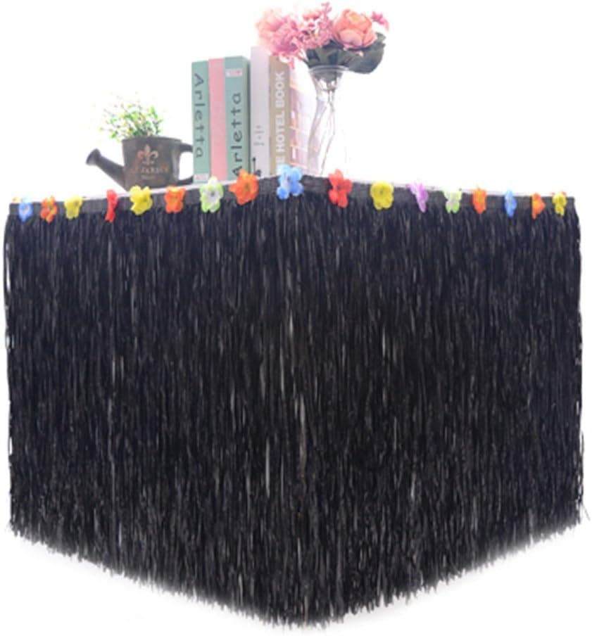 Aland Tropical Hawaiian Luau Party Garden Beach Table Skirt Grass Flower Decoration Table Skirt Home Picnic Birthday Christmas Party Decoration Black 276cm x 30cm