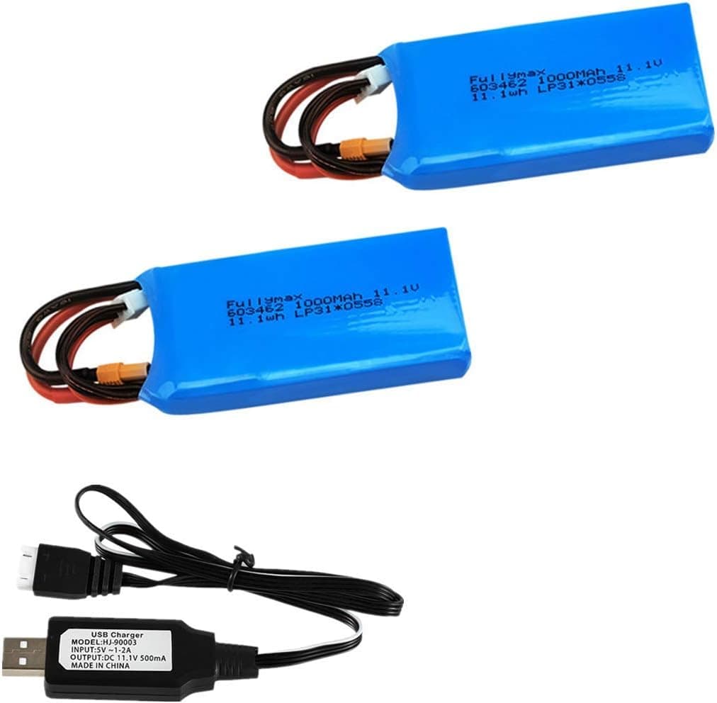 2 Pcs 11.1V 1000mAh 603462 Rechargeable Lithium Battery XT30 Plug with USB Charging Cable for WLtoys X450 RC Airplane