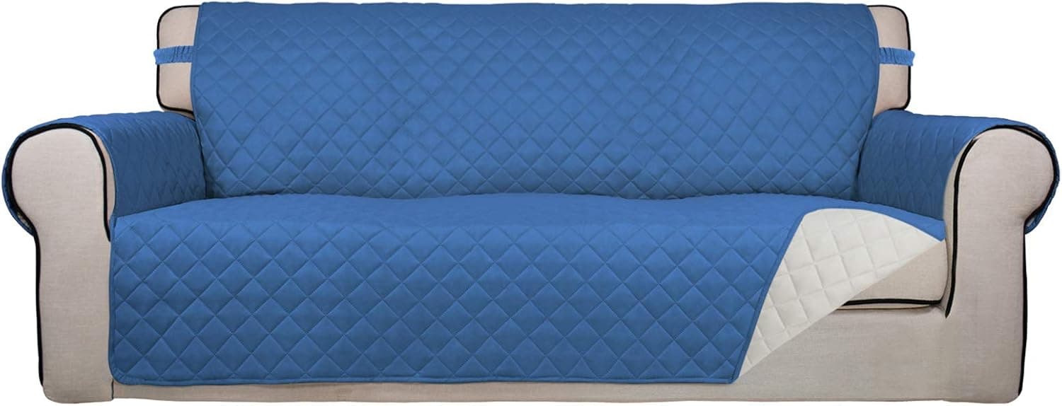 PureFit Reversible Quilted Sofa Cover, Water Resistant Slipcover Furniture Protector, Washable Couch Cover with Non Slip Foam and Elastic Straps for Kids, Dogs, Pets (Sofa, Blue/Ivory)