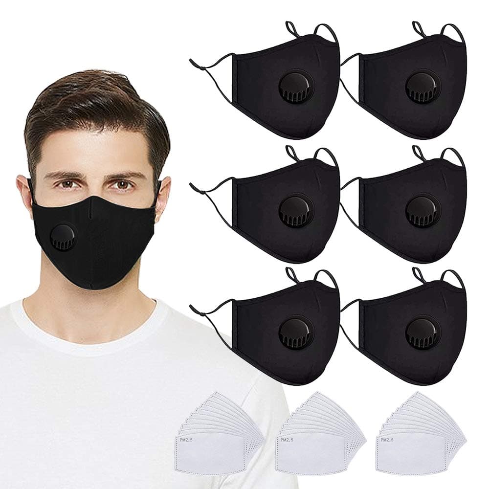 Adults Mouth Cover-6 Pack Reusable Breathing Valve Black Mouth Covers,with 30 Pcs Replaceable Activated Carbon Filter