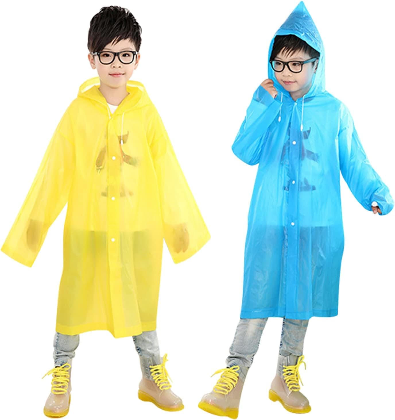 2 Pack Kids Raincoat Rain Poncho , Reusable EVA Clear Lightweight Portable Rain Coats Jackets for Toddler Boys Girls