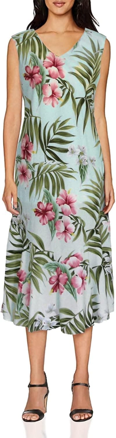 RJC Women's Breathtaking Island Getaway Tea Length Sleeveless Hawaiian Dress