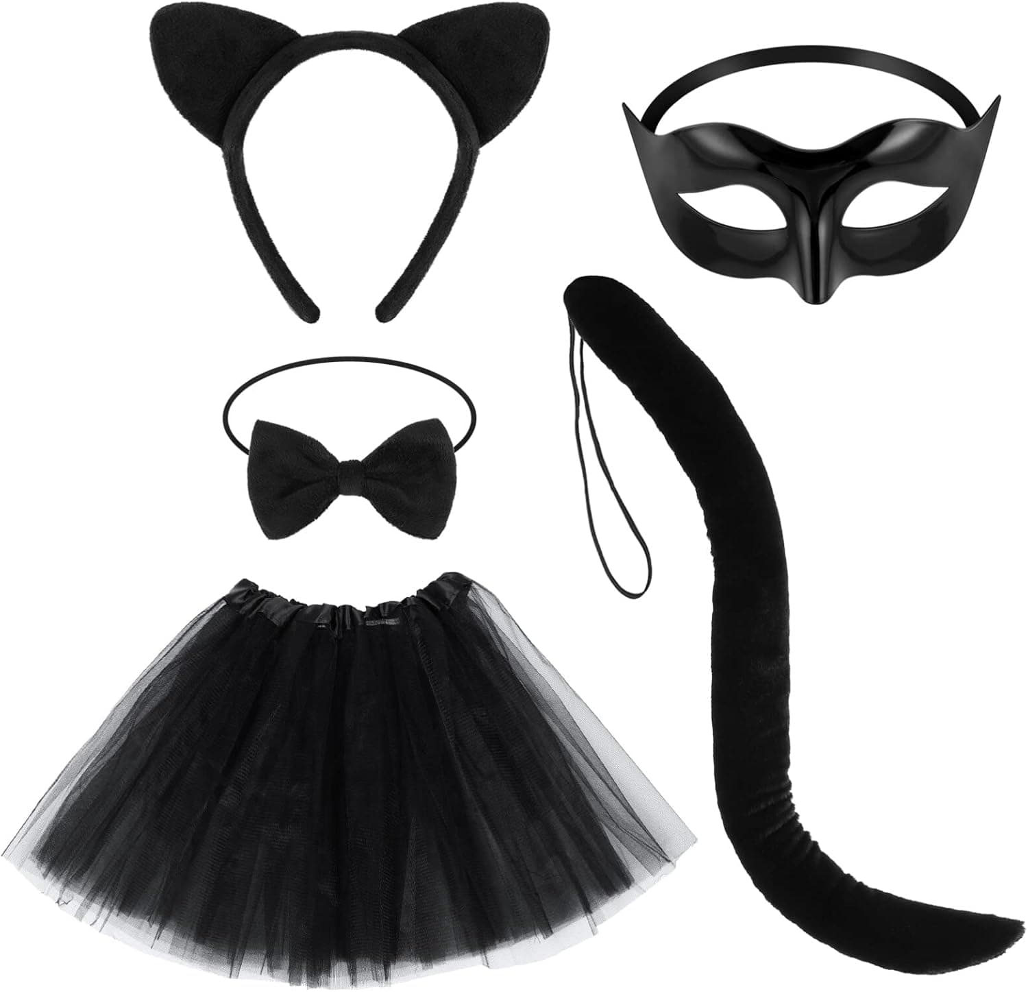 KALLORY Black Cat Costume Set 5 Pcs Cat Ears Headband Tail Bowtie Tutu Skirt Cat Costume Accessories for Halloween Christmas Dress Up