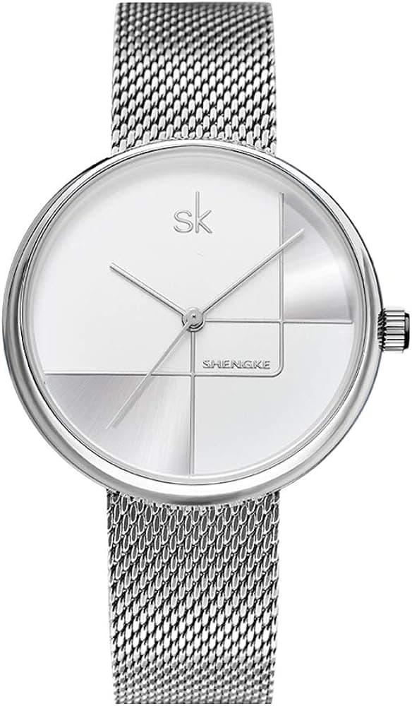 SK Shengke Mesh Band Womens Diamond Watches Waterproof Women Simple Style Fashion Wrist Watches for Women Female Girl Ladies Wrist Quartz Watches for Women (SK0105 Silver)
