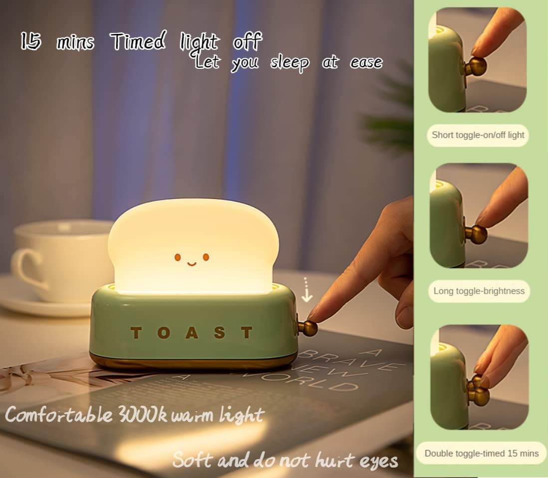 Ciyliwiyi Toast Night Light, Toaster Bread USB Rechargeable and Portable Light with Timer, Cute Room Decor Lamp for Bedroom, Bedside, Living Room, Dining, Desk Decorations (Green)