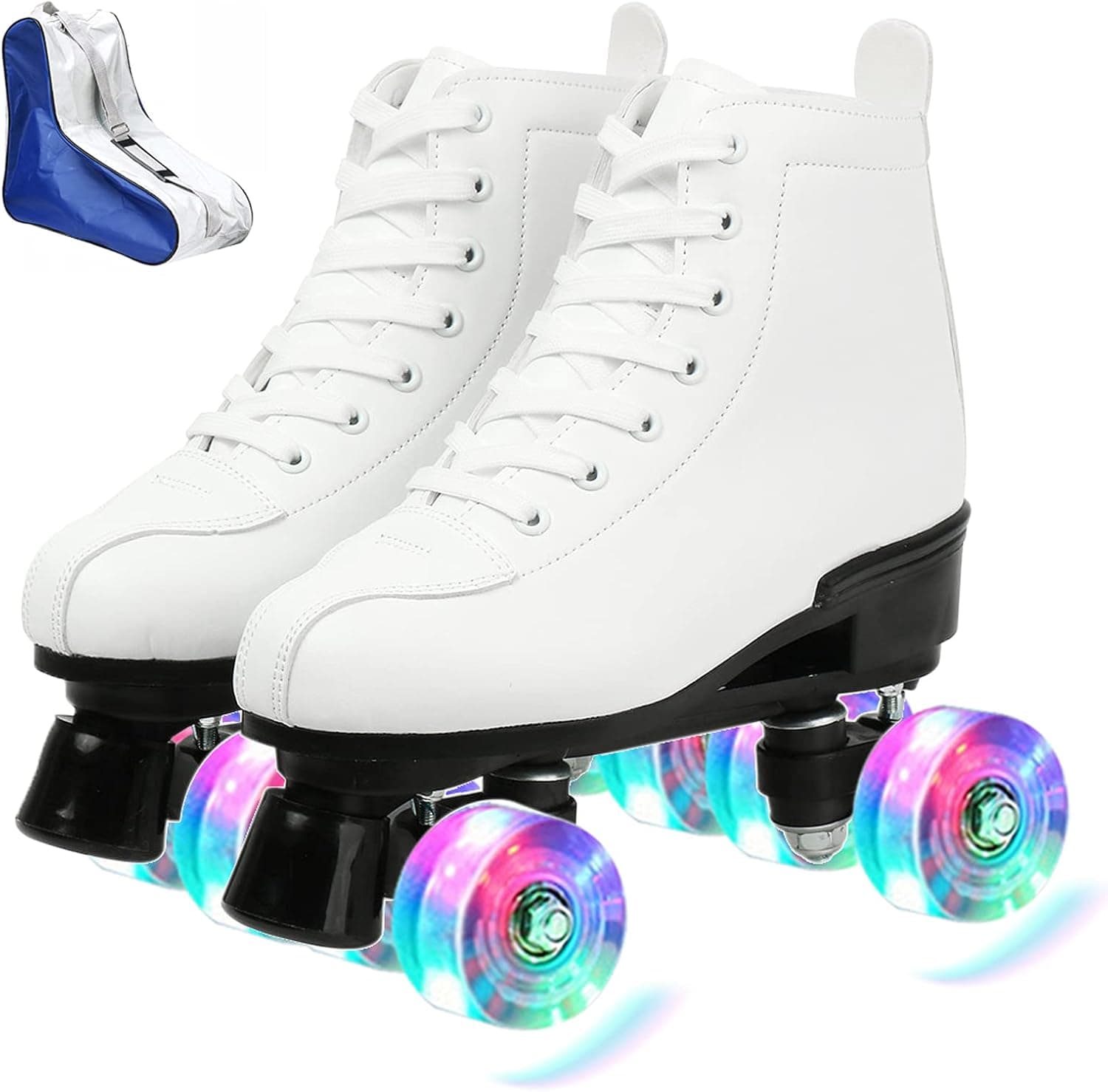 Roller Skates for Women Men High-top PU Leather Roller Skates Shiny Four Wheels Roller Skates White Black Roller Skates for Girls Boys