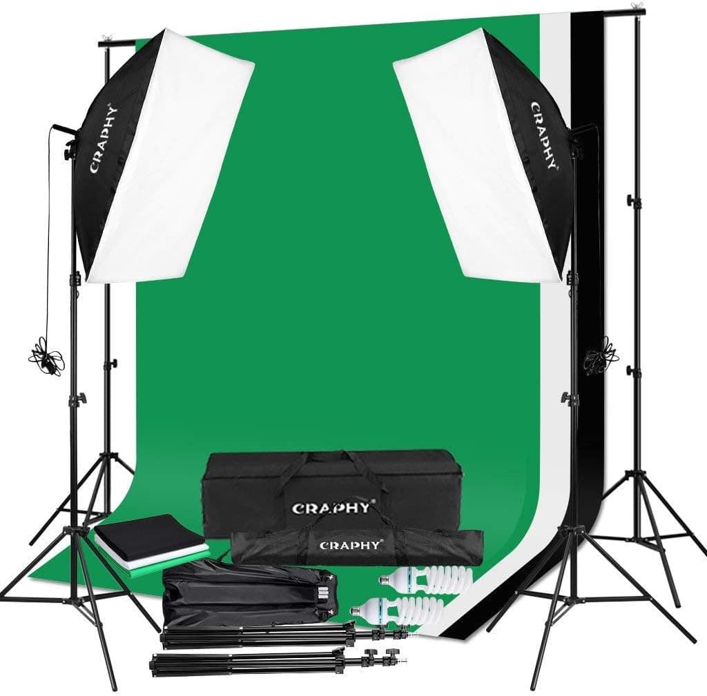 CRAPHY 50CMx70CM 2x125W 5500K Photography Video Studio Softbox Continuous Lighting Kit Equipment with 1.8Mx2.8M Muslin Backdrop Kits (Black,White,Green),3Mx2M Background Support System,Portable Bag