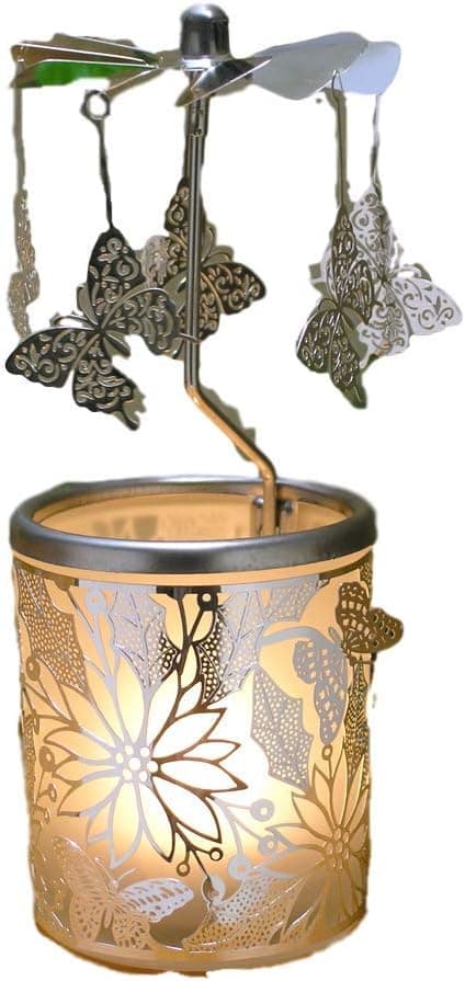 Butterfly Spinning Candle Holder - Silver Butterflies with a Floral Laser Cut Design Base - Scandinavian Design