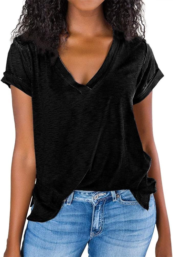 Imily Bela Womens Striped V Neck Tshirts Casual Loose Fit Summer Tops with Slit