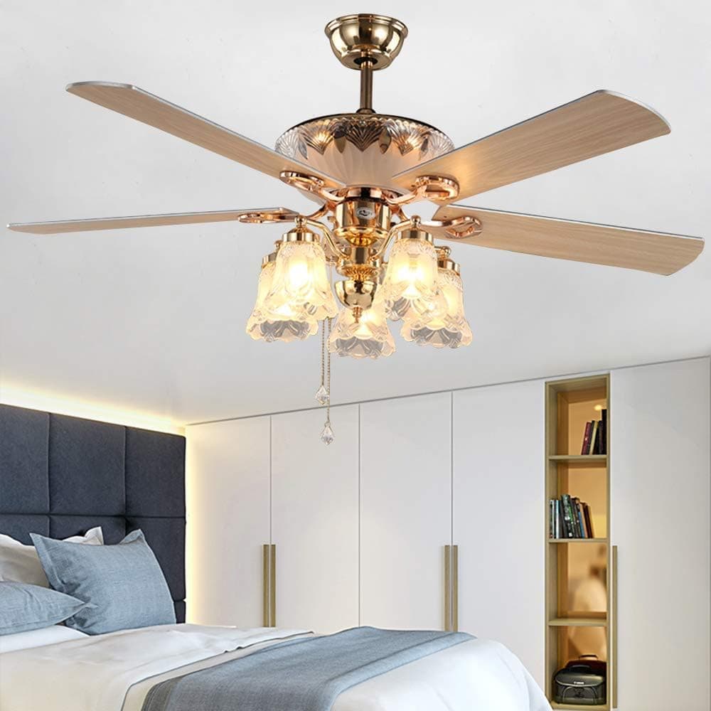 ANFERSONLIGHT Modern Ceiling Fan with 5 Reversible Blades 5 Frosted Light Kit and Remote Control, Quiet Fan, Ecological Chandelier Fan, Golden Finish, 52-Inch (Classic)