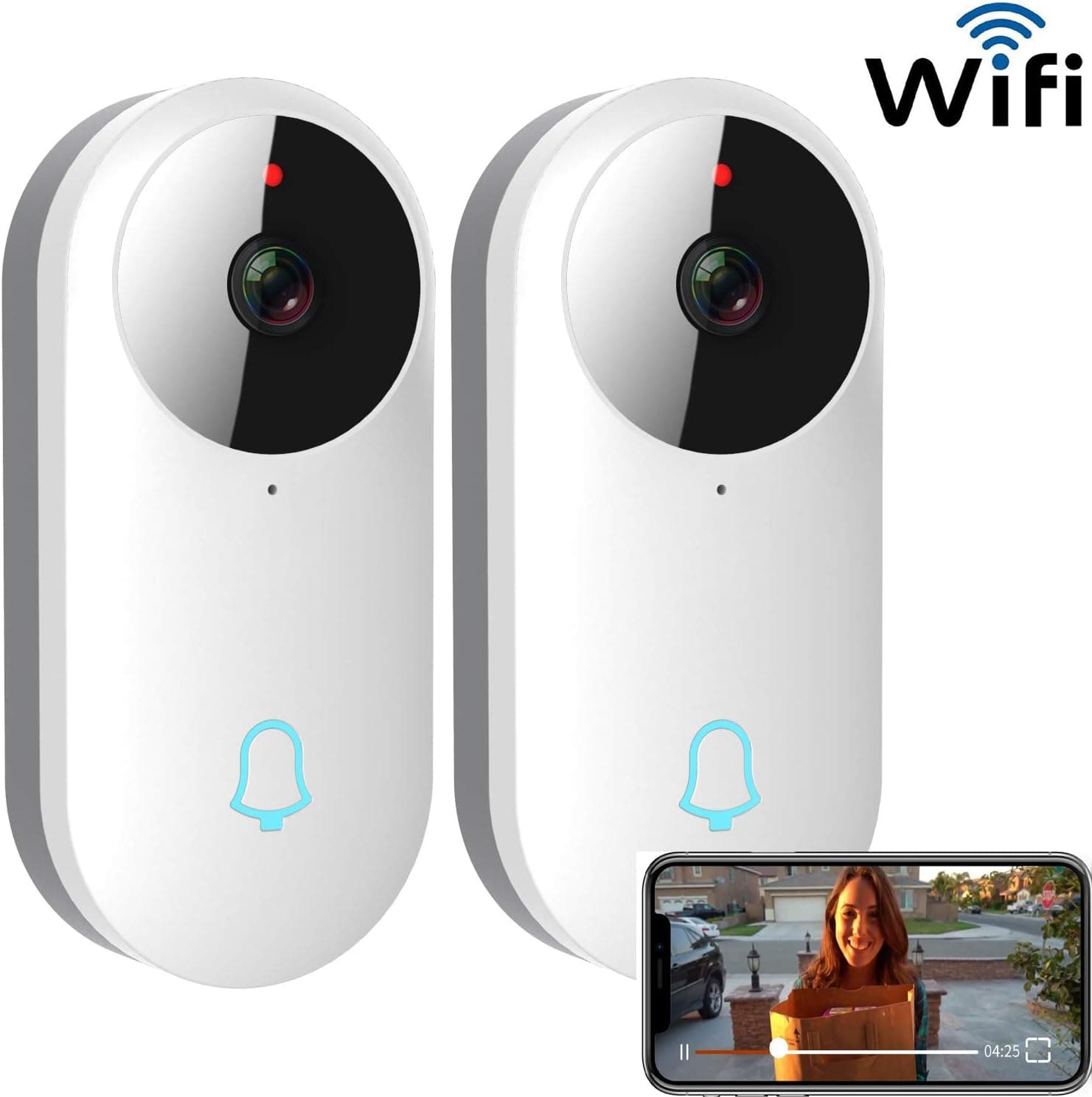 Dophigo Outdoor HD960P Wireless WiFi Doorbell Camera Smartphone CCTV Security Surveillance 2 Way Audio Night Vision Cloud Storage Service No Monthly Fee Compatible with Alexa Battery Included 2PK