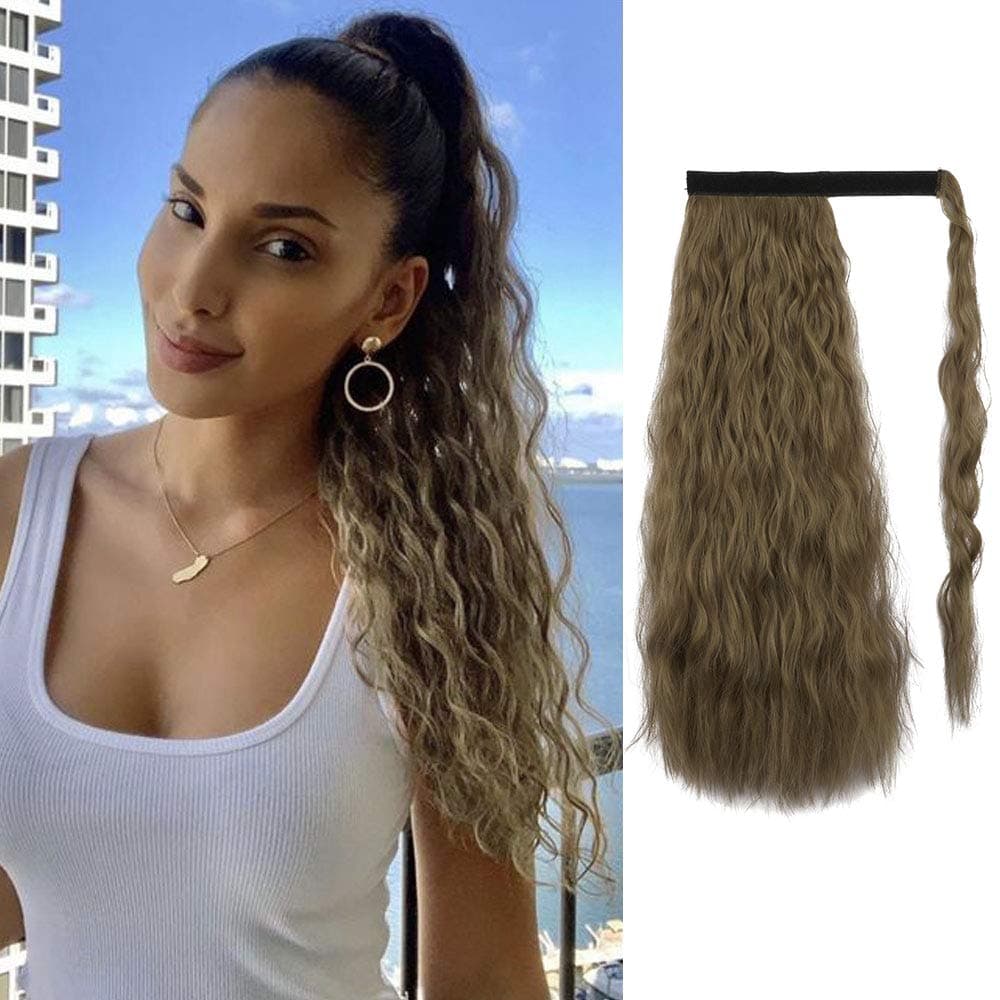 SOFEIYAN Ponytail Extension 20 Inch Long Curly Wave Wrap Around Synthetic Hair Extension for White Black Women Party Daily Use, Light Golden Brown & Pale Golden Blonde