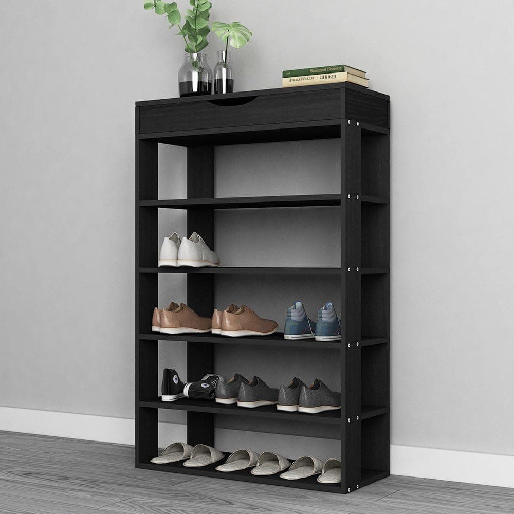 SogesGame 5-Tier Shoe Rack 29.5inch Wooden Shoe Storage Shelf Shoe Organizer,Blck,L24-BK-S8-US