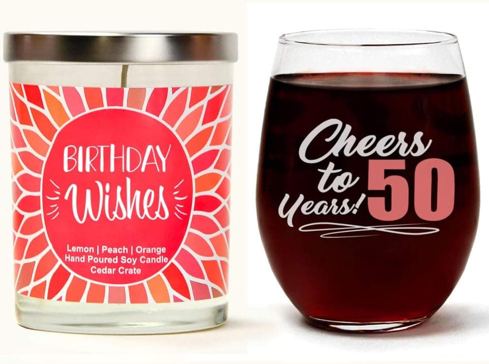 "Cheers to 50 Years" Birthday Candle Gift Set | Cute Stemless 15 oz. Wine Glass |"Birthday Wishes" Soy Candle | Orange, Jasmine, Rose | Happy 50th Birthday Gifts for Women | Birthday Gift Boxes