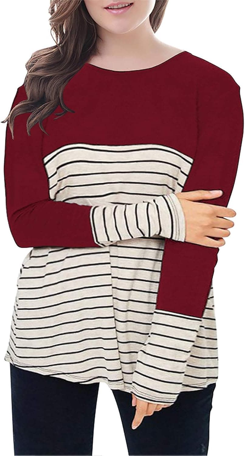 Nemidor Women's Stripe Contrast Round Neck T Shirts Plus Size Casual Top