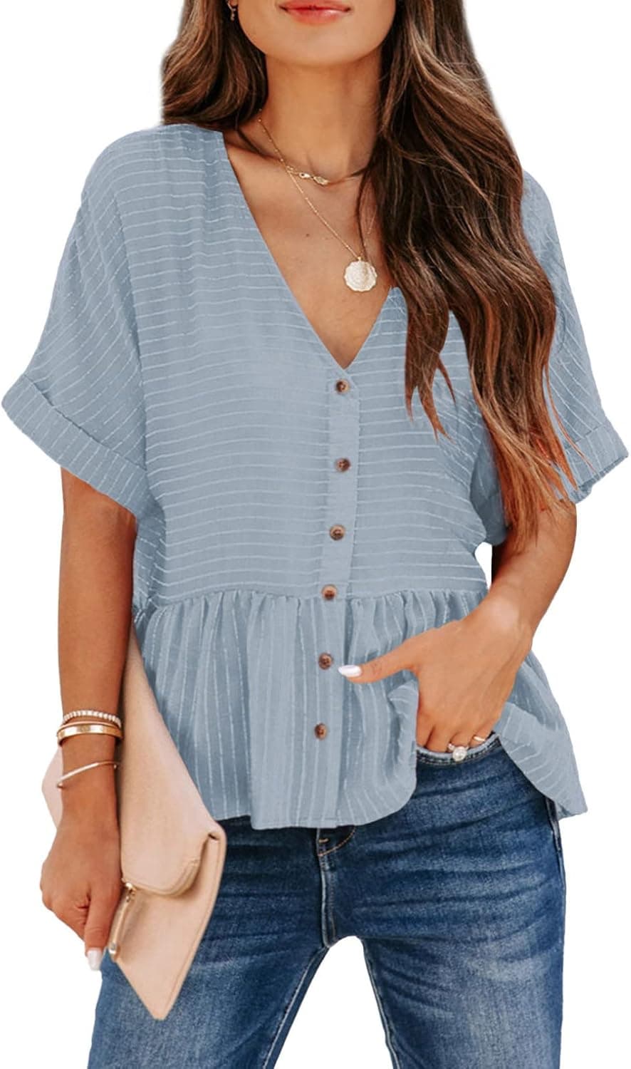 EVALESS Casual V Neck Peplum Tops for Women Short Sleeve Ruffle Hem Striped Shirts Loose Babydoll Tops with Button Decoration
