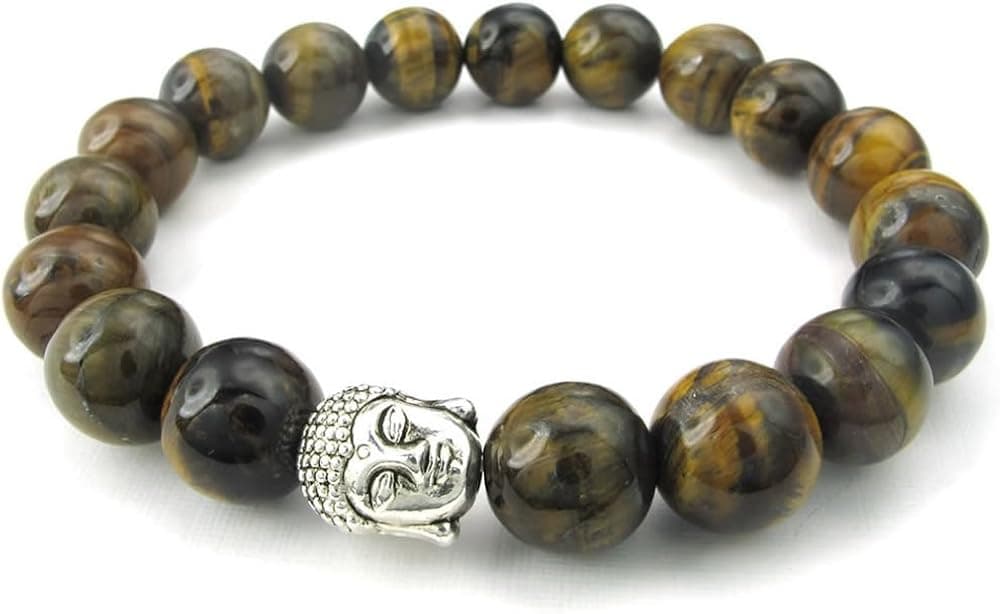 KONOV Tiger Eye Gemstone Mens Womens Bracelet, Energy Bead, Buddha Mala, Brown Silver