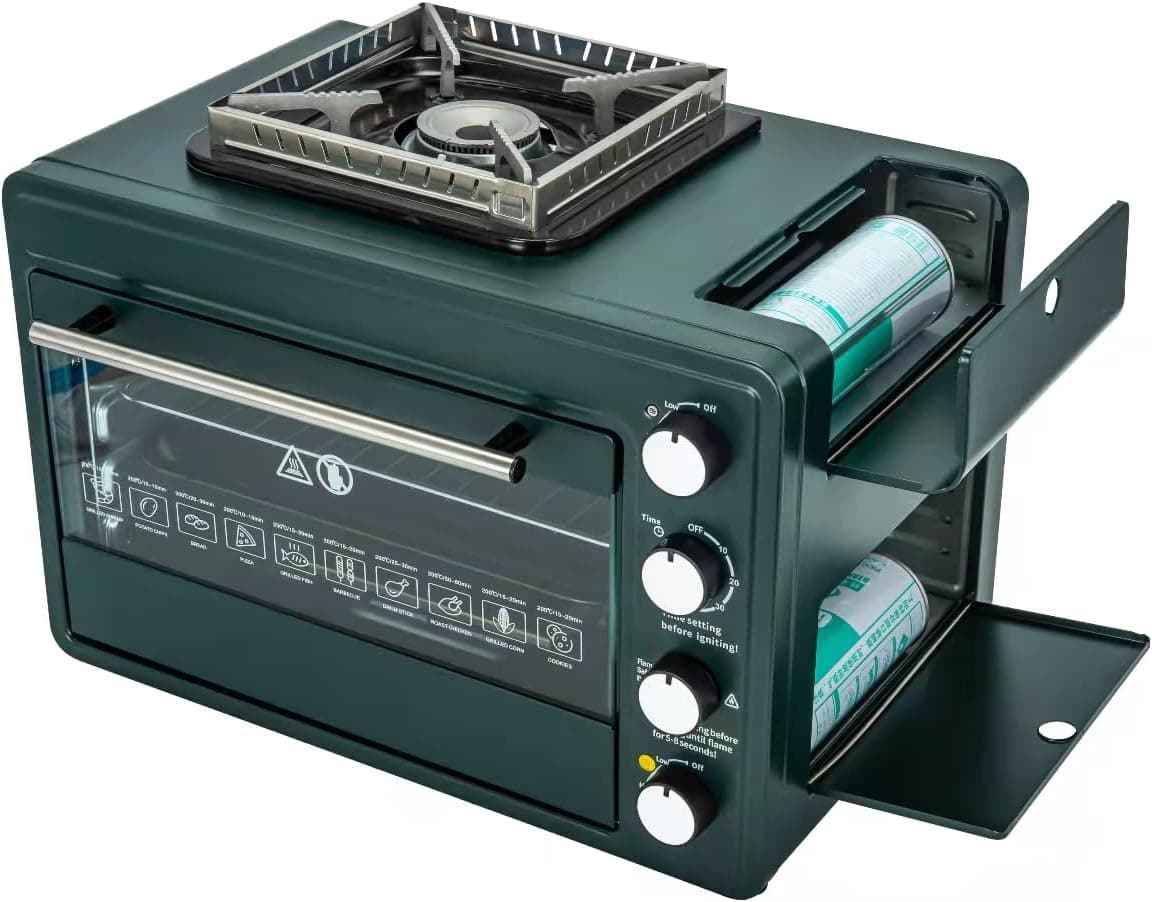 Camp Oven With Burner Camping Stove, Outdoor Butane Gas Oven Stove Combo Camp Chef Outdoor Camp Oven, Insulated Oven Box, Gas Oven With Safety Device, Baking Pan And Rack For Baking, Pizza, Toast, Broil - Stainless Steel ( 26.5QT )