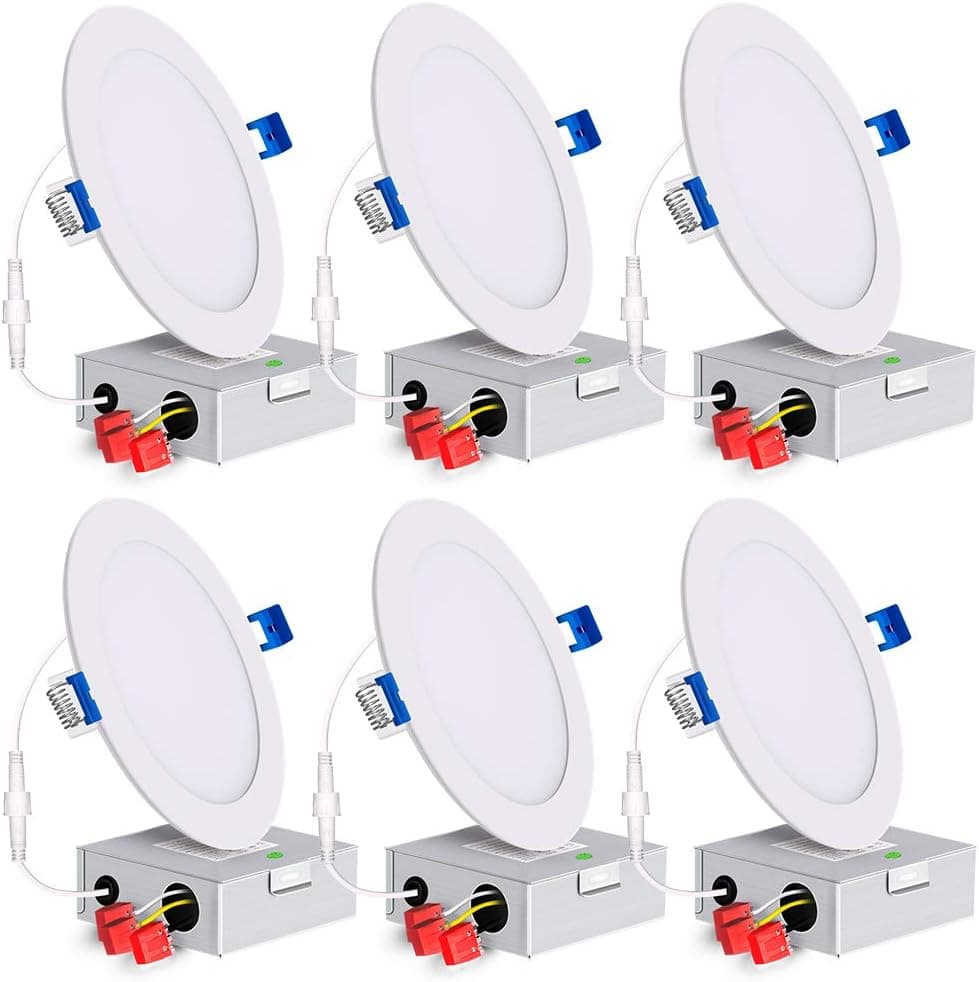 6" 1100 Lumen Ultra-Thin Led Recessed Lights 5000K Daylight Dimmable Ceiling Light Downlight with Junction Box 12W (75W Equivalent) ETL Certified 6 Pack